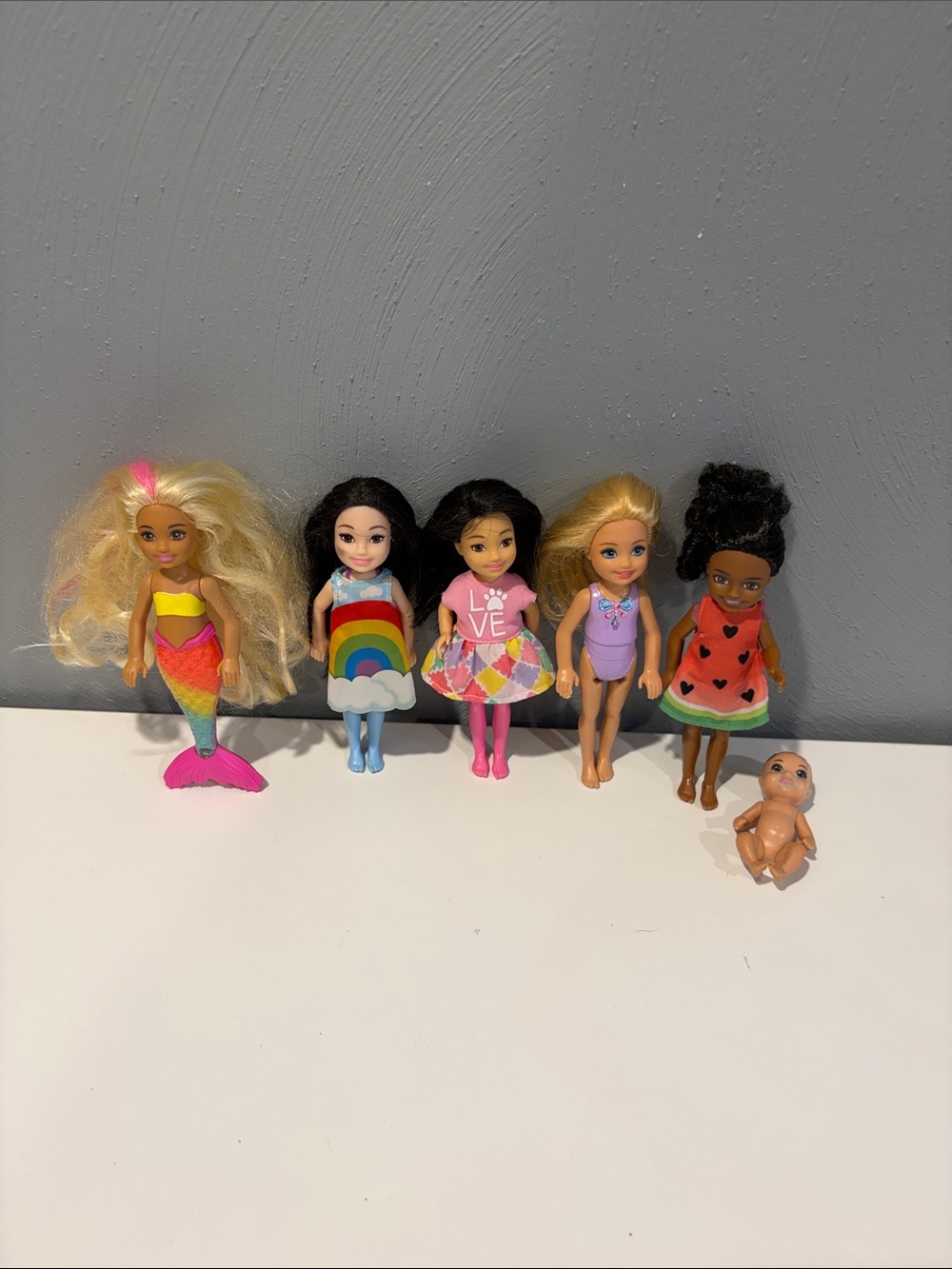 Barbie Chelsea and baby doll Lot with Rainbow, Mermaid Pink, Purple